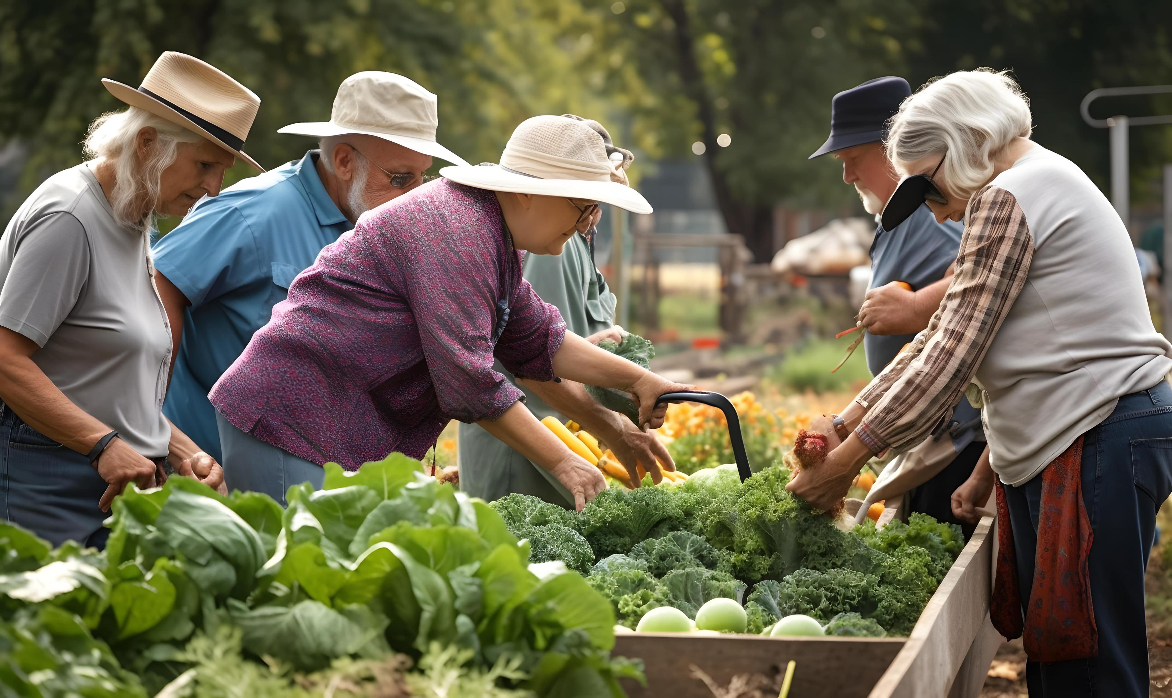 seniors enjoying a lush green outdoor garden at senior living community